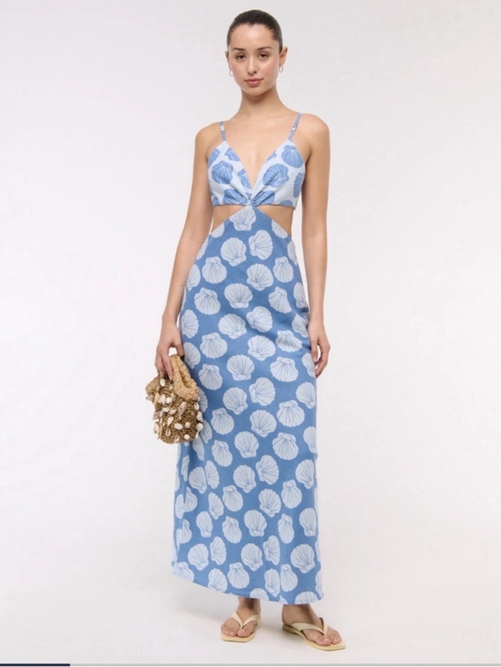 Nwt Abercrombie Shell Print Cutout Twist Front Maxi Dress Blue Linen Size L